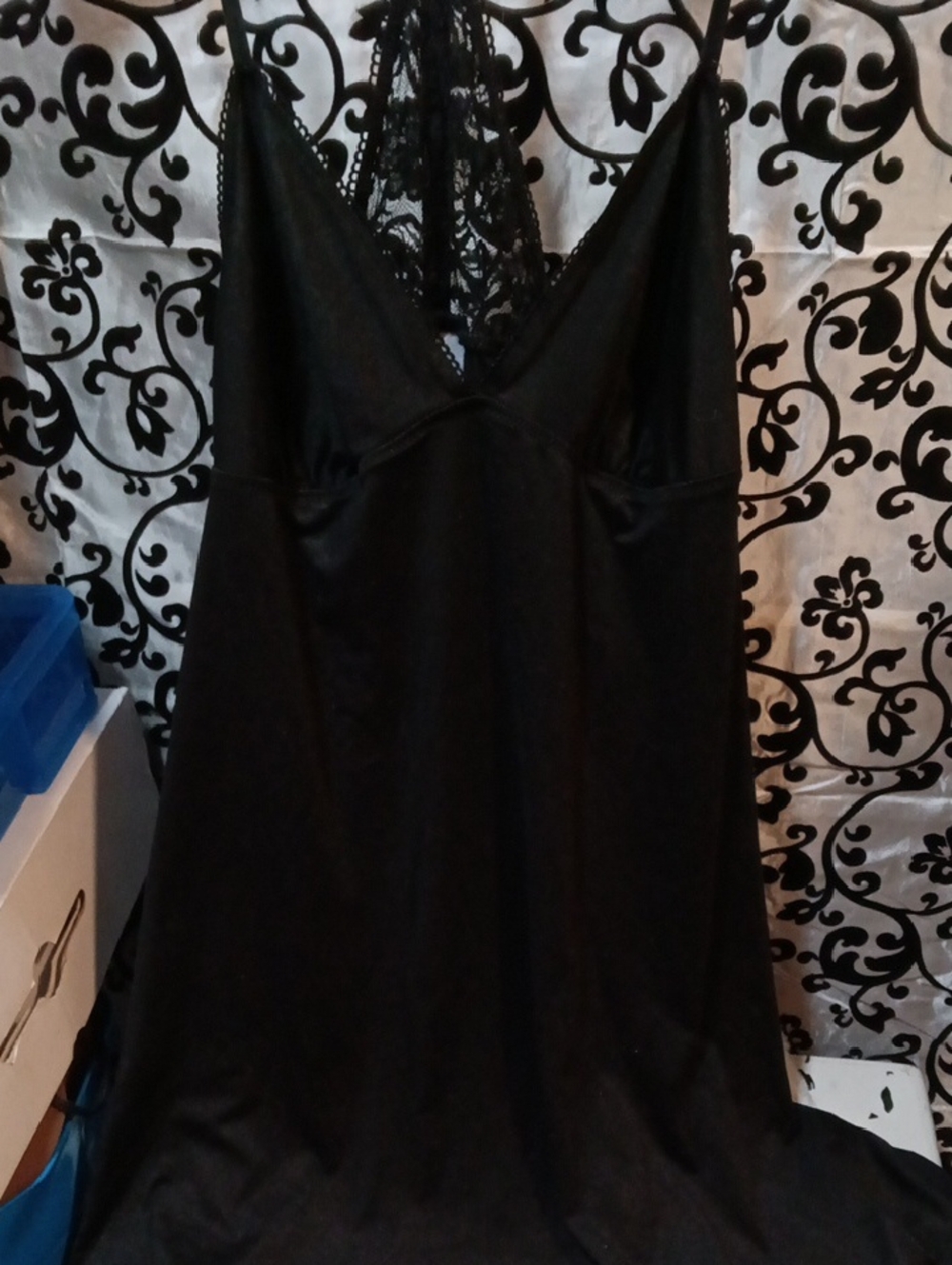 Secret Treasures Black Satin Slip with Lace Back